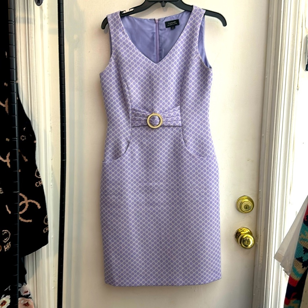 Tahari ASL Levine Lavender Purple White Geometric V Neck Sheath Dress Size 4